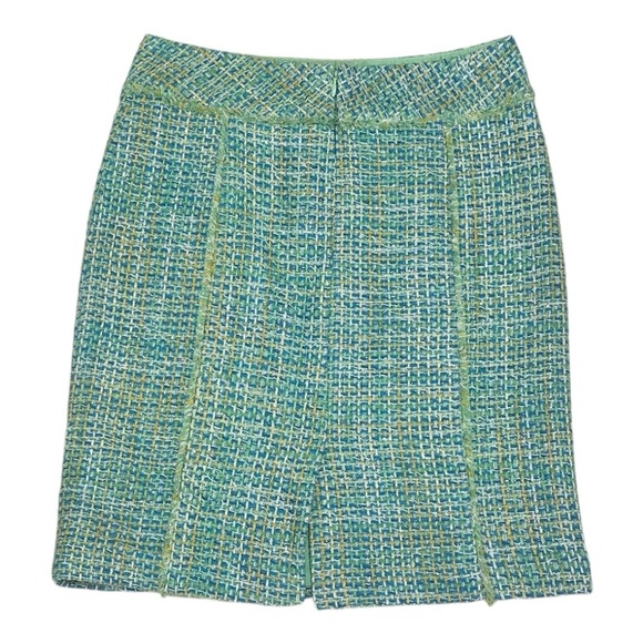 J McLaughlin Tweed Fringe Silk Blend Pencil Skirt - Green / Blue / Yellow - Picture 2 of 9